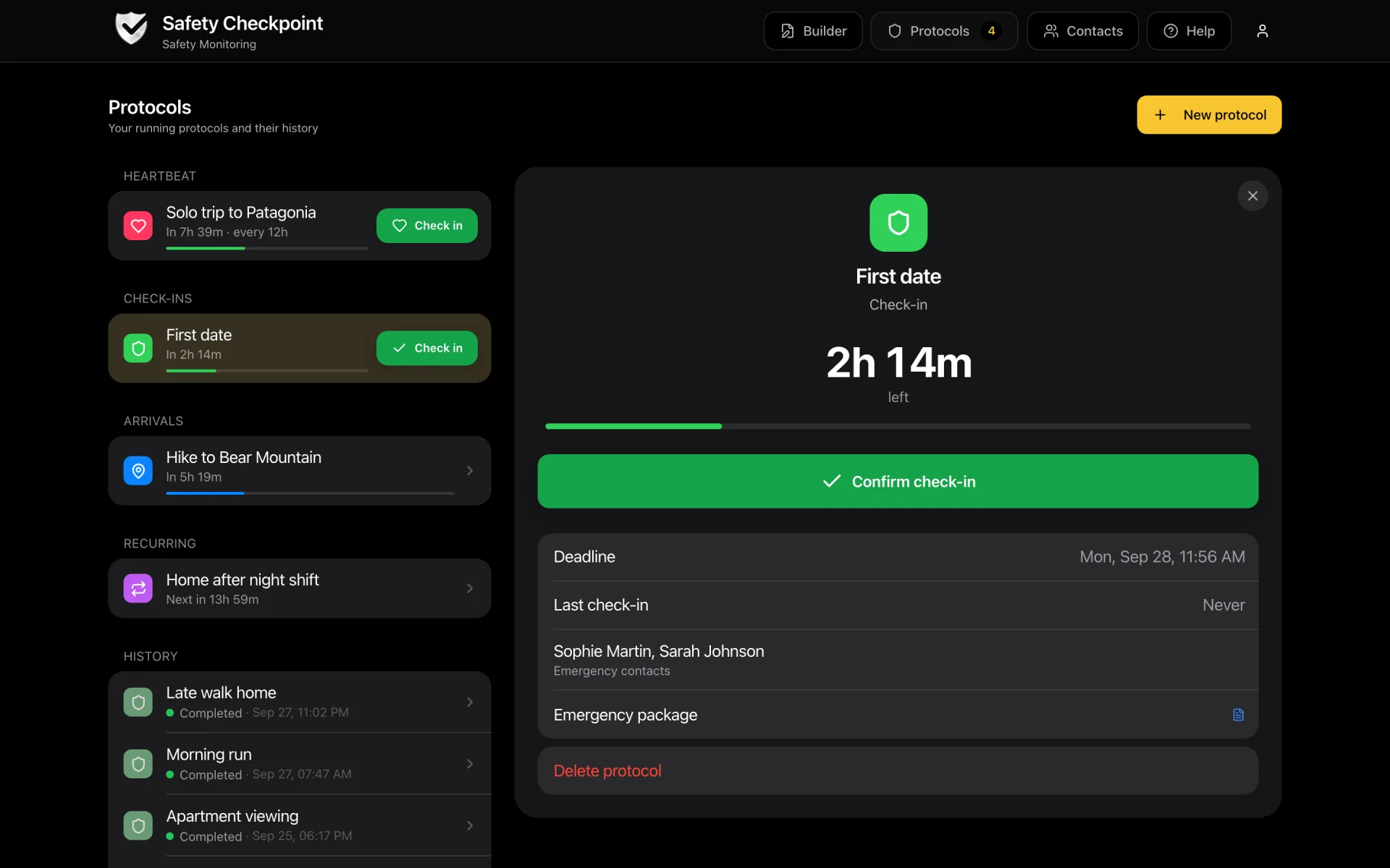 Protocols on a computer: running protocols and the history on the left, the selected check-in with its time left and Confirm check-in button on the right