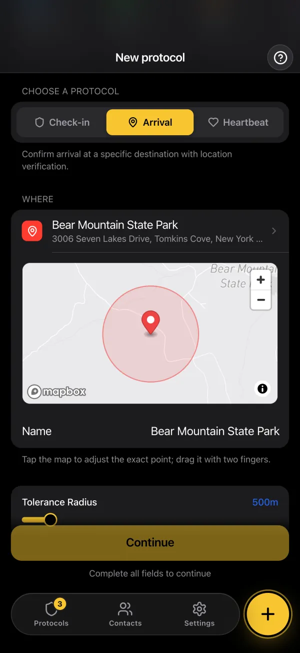 An arrival protocol: the destination, its point and its radius on a map