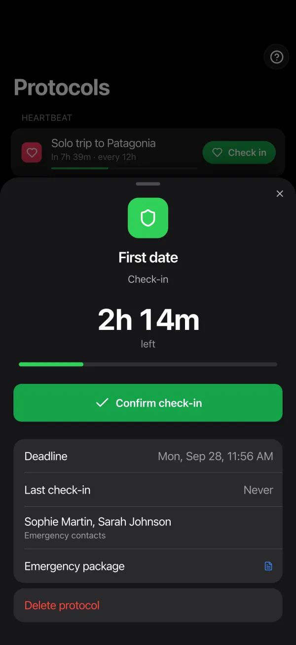 The check-in sheet: time left, a Confirm check-in button, the deadline, the emergency contacts and the emergency package
