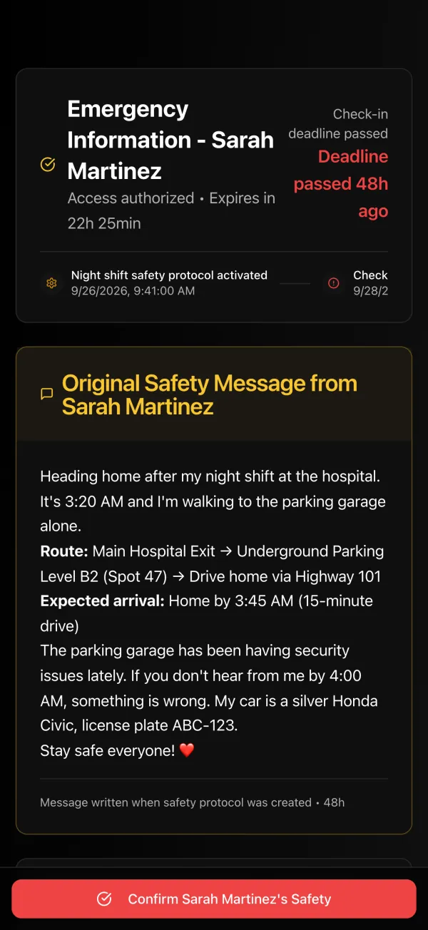 The page an emergency contact opens after an alert: the original safety message and a button to confirm the person is safe