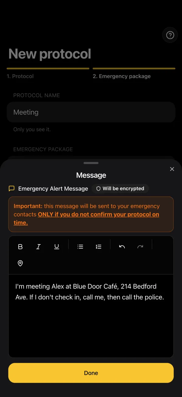 Writing the emergency message, marked as encrypted and sent only if the protocol is not confirmed on time