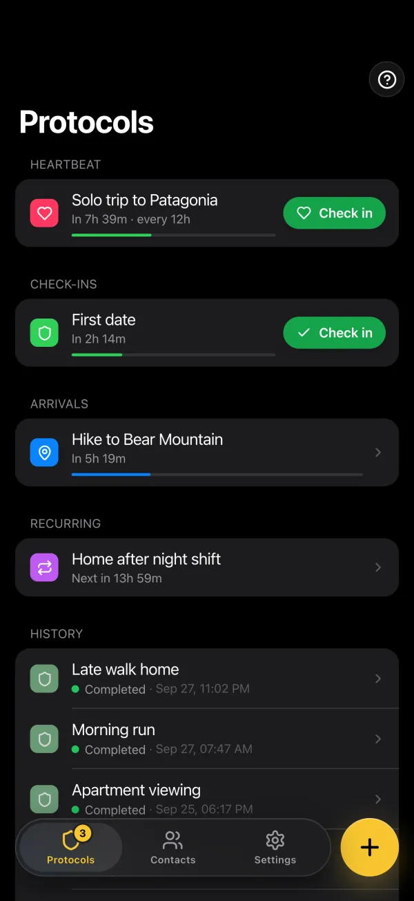 The Protocols tab on iPhone: a heartbeat, a check-in, an arrival, a recurring check-in and the history